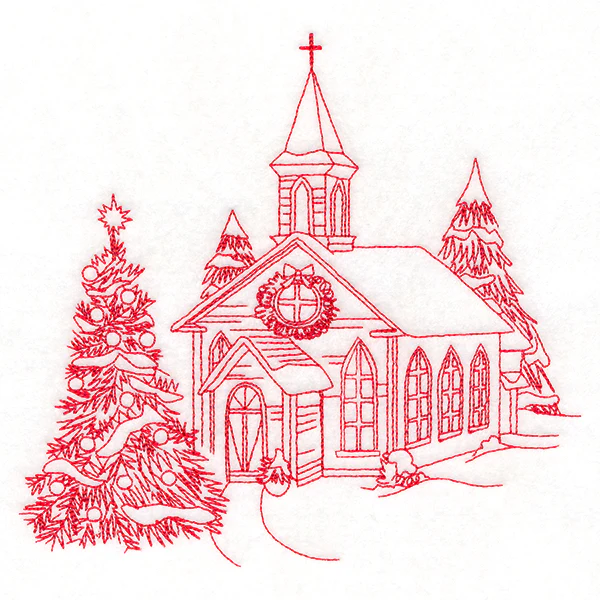 Classic Christmas Scene - Church (Redwork) - Image 2