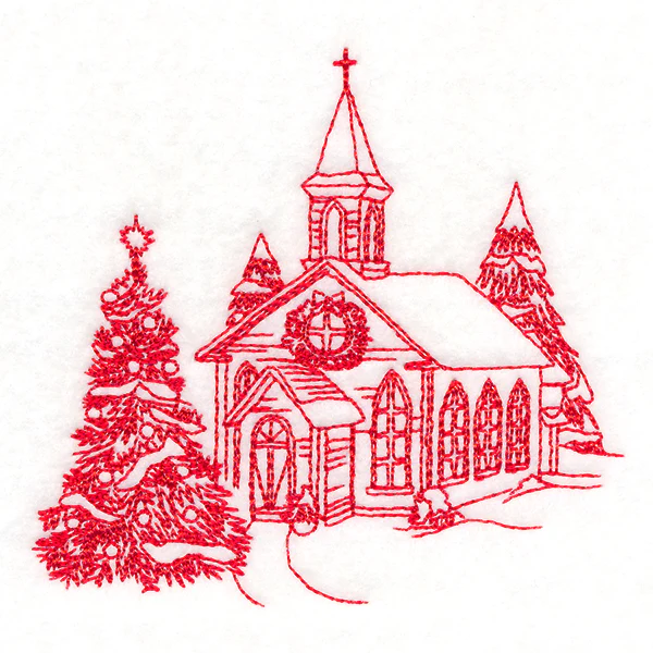 Classic Christmas Scene - Church (Redwork) - Image 5