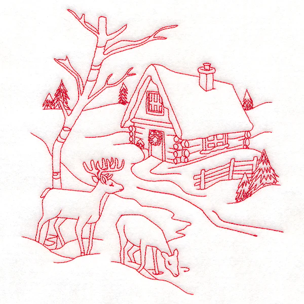 Classic Christmas Scene - Cottage (Redwork) - Image 2