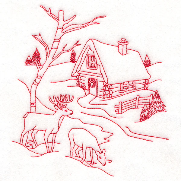 Classic Christmas Scene - Cottage (Redwork) - Image 3