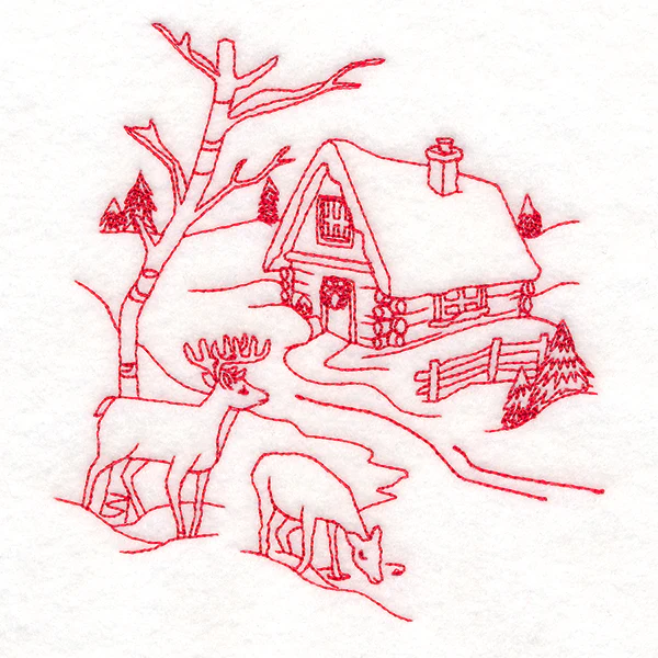 Classic Christmas Scene - Cottage (Redwork) - Image 4