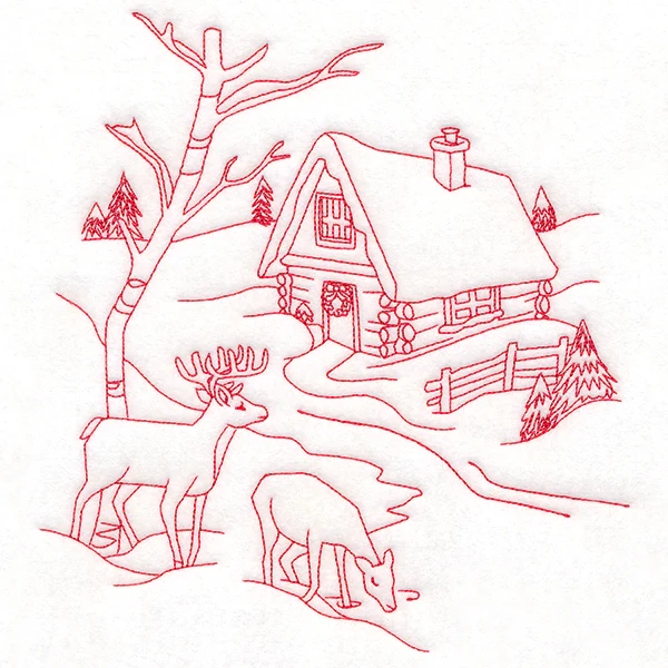Classic Christmas Scene - Cottage (Redwork) - Image 6