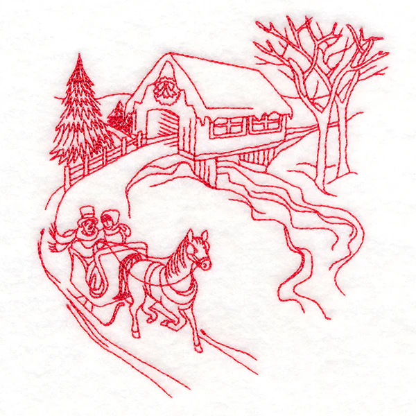 Classic Christmas Scene - Covered Bridge (Redwork) - Image 4