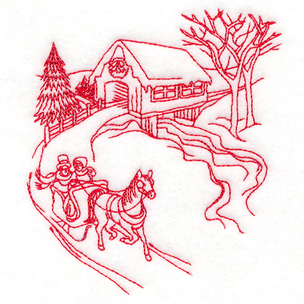 Classic Christmas Scene - Covered Bridge (Redwork) - Image 6