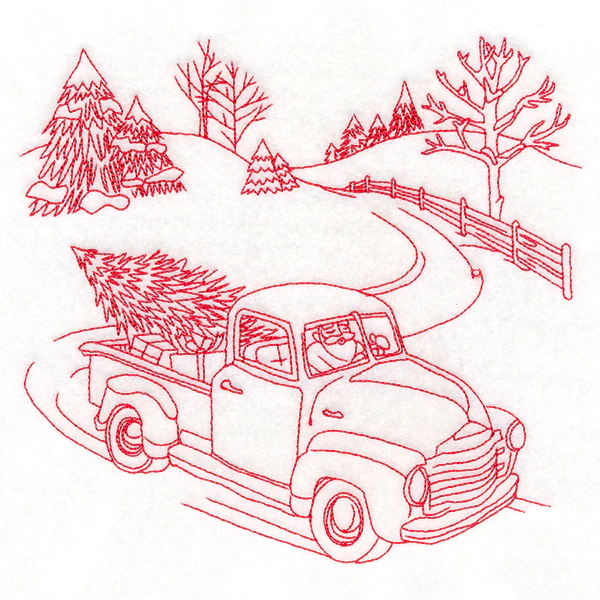 Classic Christmas Scene - Retro Truck (Redwork) - Image 2