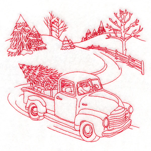 Classic Christmas Scene - Retro Truck (Redwork) - Image 3