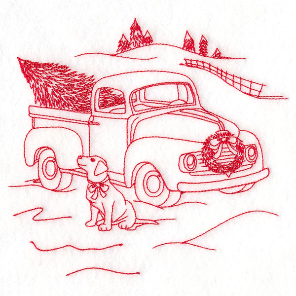 Classic Christmas Scene - Retro Truck with Pup (Redwork) - Image 3