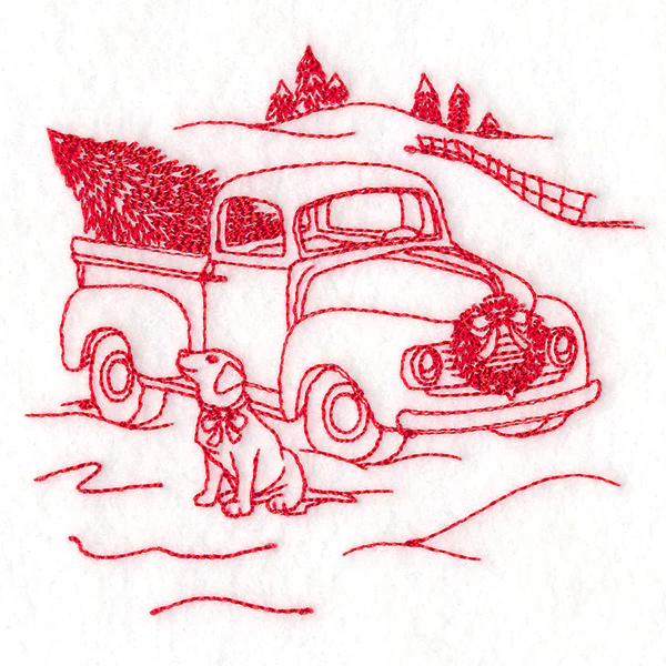Classic Christmas Scene - Retro Truck with Pup (Redwork) - Image 5