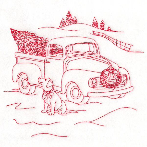 Classic Christmas Scene - Retro Truck with Pup (Redwork) - Image 6