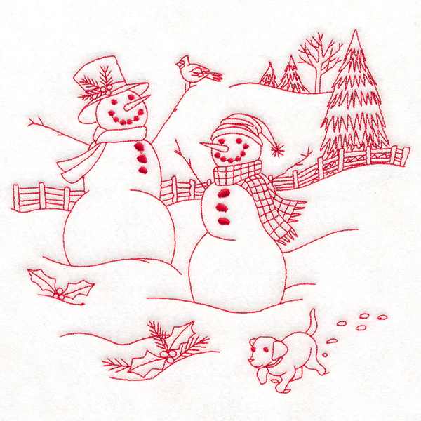 Classic Christmas Scene - Snowmen with Pup (Redwork) - Image 11