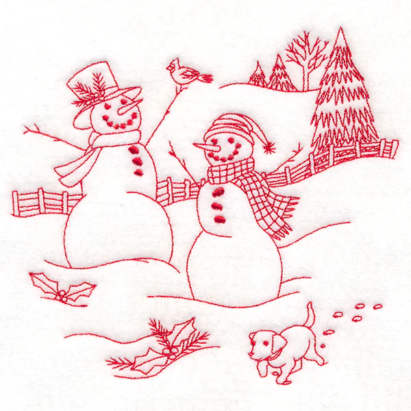 Classic Christmas Scene - Snowmen with Pup (Redwork) - Image 5