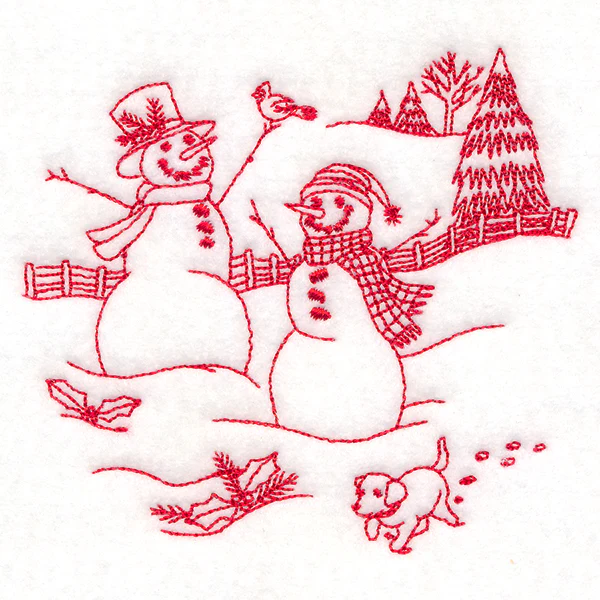Classic Christmas Scene - Snowmen with Pup (Redwork) - Image 9