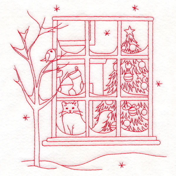 Classic Christmas Scene - Window (Redwork)