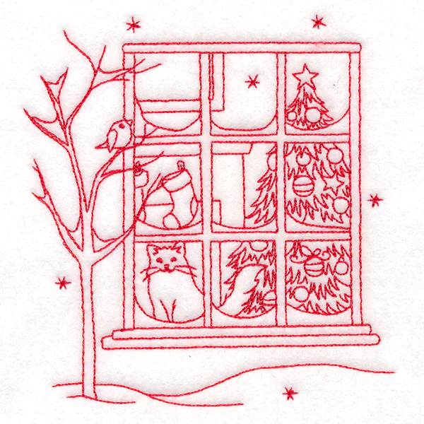 Classic Christmas Scene - Window (Redwork) - Image 4