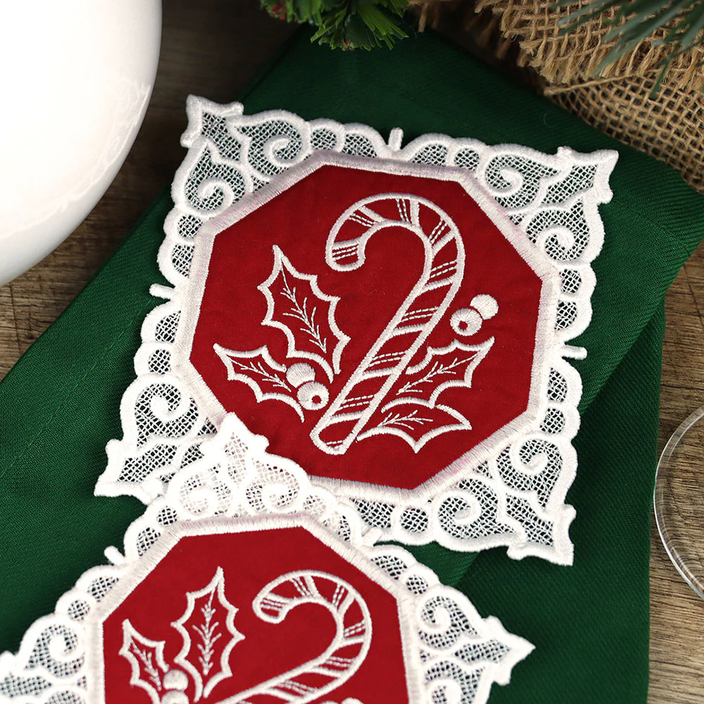 Lace Edge Christmas Coasters Design Pack (In-the-Hoop) - Image 3